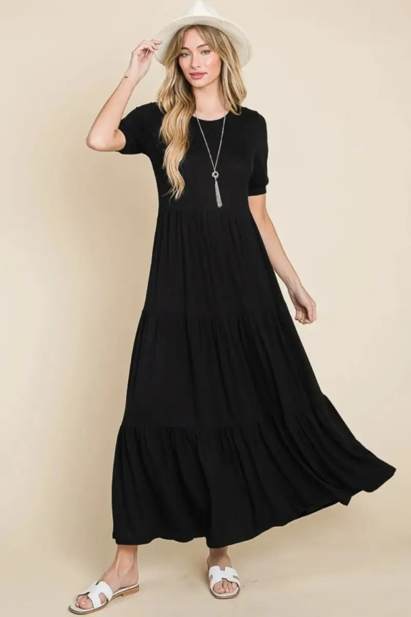 BOMBOM Short Sleeve Tiered Maxi Dress for Effortless Style - Love Salve